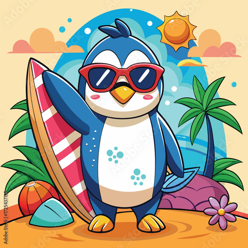 Cute cartoon penguin with orange cheeks and yellow beak