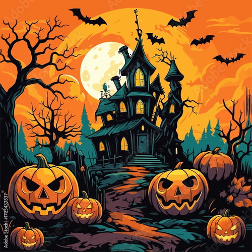Sinister jack-o-lanterns guard the path to a haunted manor on a spooky Halloween night