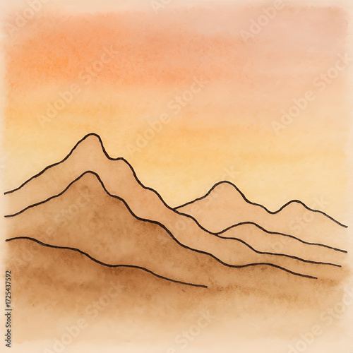 Watercolor like Landscape Painting of Rolling Hills and Mountains at Sunset