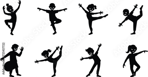 Children silhouette illustrations dancing, gymnastics poses, balance, flexibility, rhythmic ball, expressive movement, sport, performance, artistic activity, lifestyle artwork sequence
