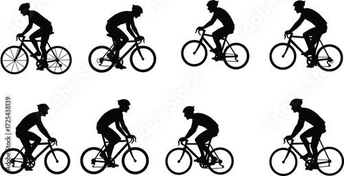 Cycling silhouette sequence showing road bike athletes, helmet gear, rider posture variations, sports training, fitness exercise, dynamic bicycle motion illustration design