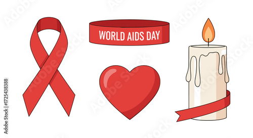 Red Ribbon, Heart, Candle & World AIDS Day Symbol