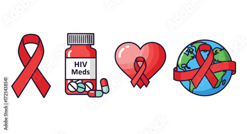 World AIDS Day symbols: red ribbon, HIV meds, heart, and globe