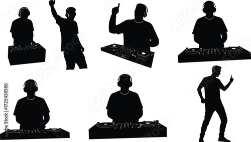 DJ silhouette performing with turntables, music party illustration, nightclub entertainment vector, disc jockey mixing design, black silhouette concert performance