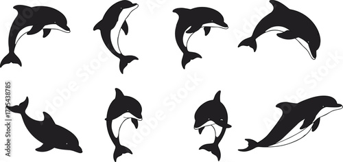 Dolphin silhouette sequence showing swimming, leaping, diving, marine life illustration, aquatic animal motion, ocean wildlife, sea creature design artwork