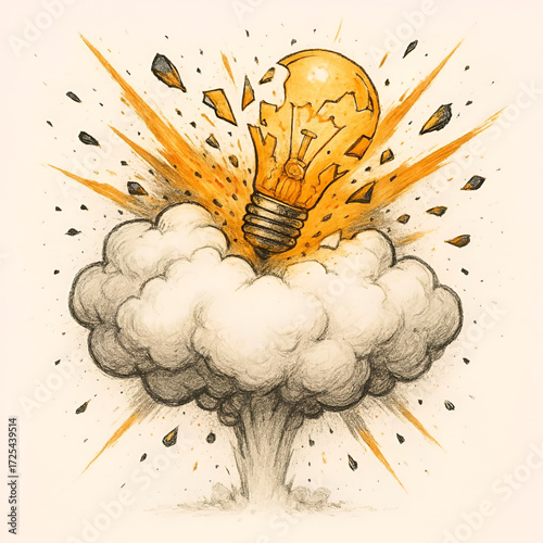Exploding Lightbulb Sketch with Orange Energy Burst and Smoke 