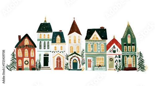 Cute cartoon houses in winter. Flat illustration on a white background. Hand drawn watercolor illustration of houses in the city. Christmas card.