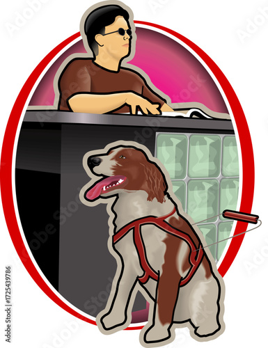Person with disability and guide dog, inside a building.