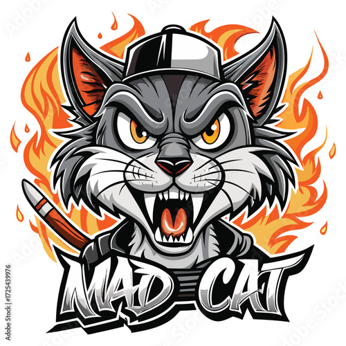 Fierce Feline Fury A Cartoon Cat Mascot with Fiery Background and Hockey Stick Ready to Pounce