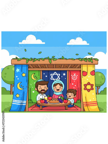 Sukkot Holiday Illustration – Jewish Family Eating and Celebrating in a Sukkah