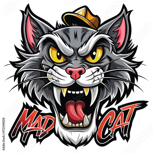 Cartoon Mad Cat Logo Illustration with Menacing Expression, Sharp Teeth, and a Golden Hat for a Bold Design