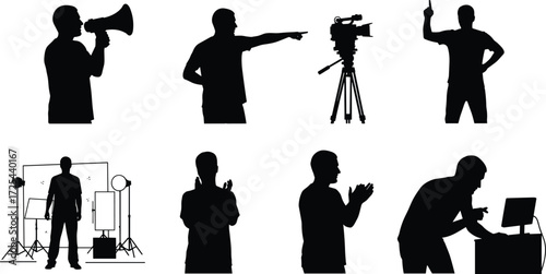 Film production silhouettes, director megaphone pointing, camera operator tripod, studio setup lighting, editing desk, clapping scene, black white illustration