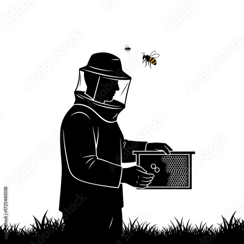 Beekeeper silhouette inspecting honeycomb with bees buzzing around a field, showcasing nature's bounty and the sweet rewards of apiary work