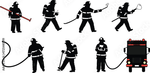 Firefighter silhouette illustrations in humorous poses, fire truck, hose, helmet gear, playful activities, emergency service parody, creative vector artwork design