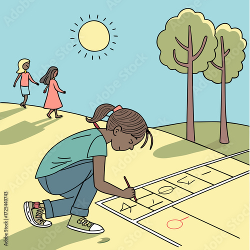Girl drawing hopscotch with chalk on the sidewalk.