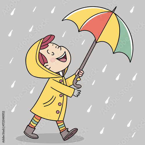 Smiling child in yellow raincoat holding colorful umbrella on rainy day.