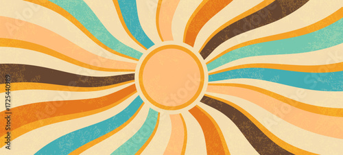 Abstract retro sunshine pattern with wavy rays. Vintage 70s sunburst background in yellow tones. Groovy hippie vector design for banners, posters, wall art and summer-themed visuals