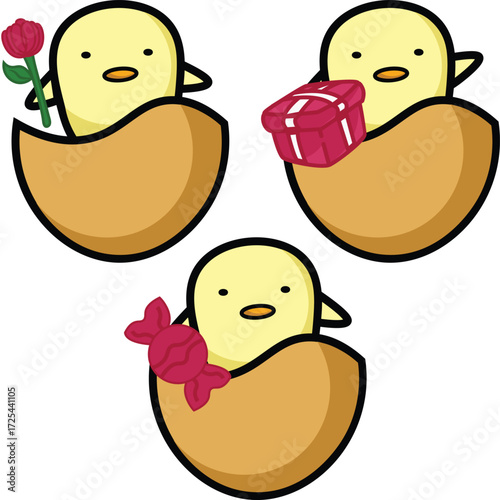 Three cute chicks in eggshells holding gifts and a rose.