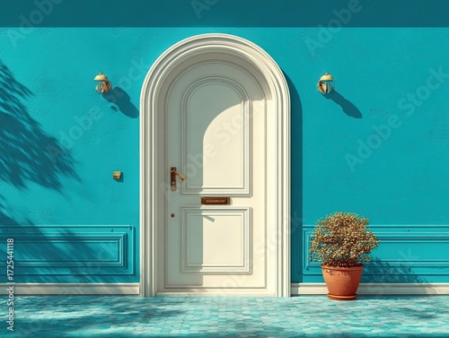 Flat illustration of a white door frame with rounded corners, simple and elegant style, high resolution and high detail, ideal for interior design, web backgrounds, UI interfaces, promotional posters,