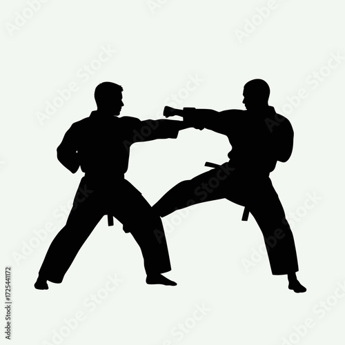 Dynamic martial arts sparring session, two athletes demonstrating powerful karate moves in a modern dojo, perfect for sports and fitness campaigns