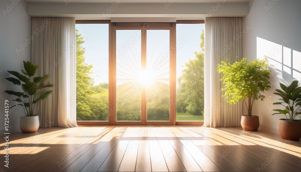 Fototapeta premium sunlight through window n interior bright room window view clean home decor minimalism