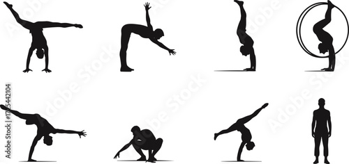 Gymnastics silhouette illustration with handstands, Cyr wheel, acrobatic poses, balance, flexibility, strength, athlete training, artistic movement, performance design sequence