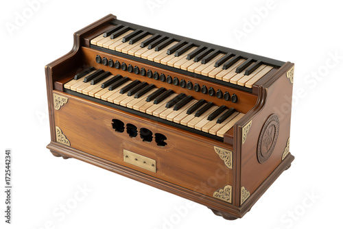 Vintage double manual harmonium musical instrument with wooden casing and ivory keys isolated on transparent background