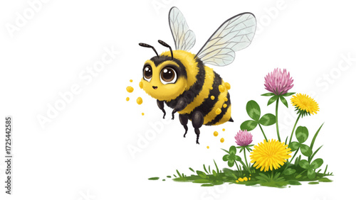 Advanced Exploration of Adorable Bee Pollinating Vibrant Dandelion and Clover Flowers in Spring Garden
