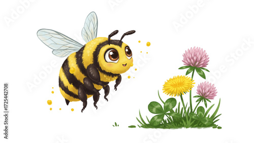 Advanced Exploration of Adorable Bee Pollinating Vibrant Dandelion and Clover Flowers in Spring Garden