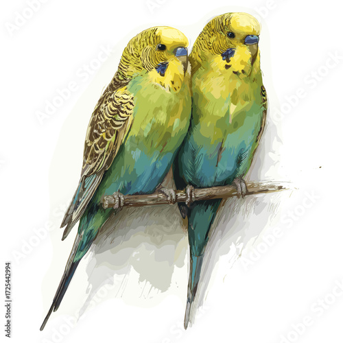 Pair of Colorful Budgerigars Sitting Together on Branch