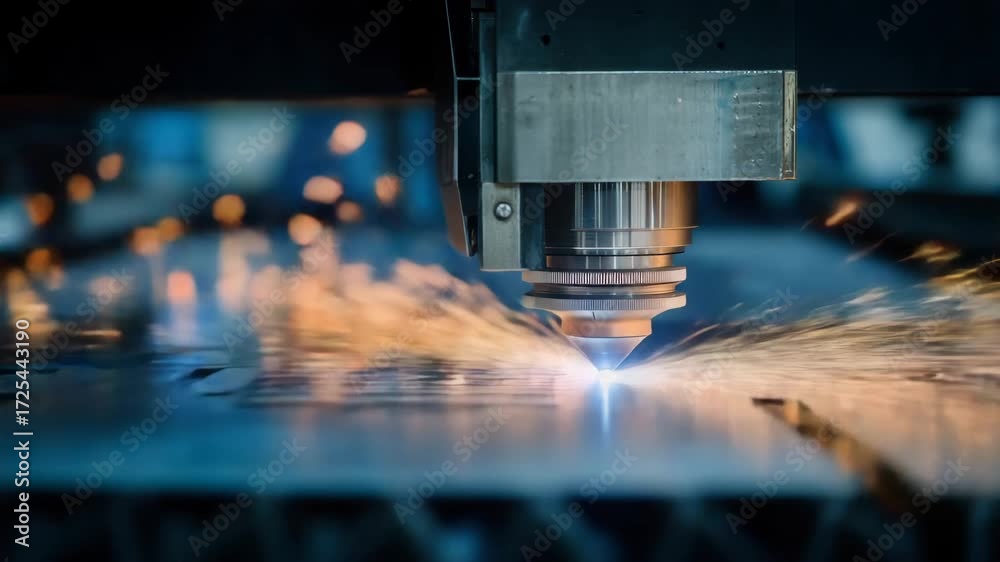 Watch as a laser cutter performs precise cuts on metal sheets in a manufacturing facility, highlighting the efficiency and accuracy of modern technology during evening hours