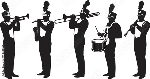 Marching band silhouette, musical instruments, trumpet, saxophone, trombone, snare drum, clarinet, uniform, parade performance, music ensemble, black outline, orchestra