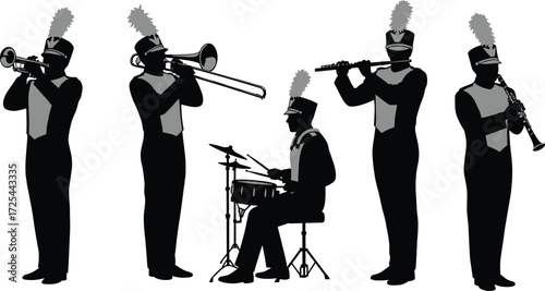 Marching band silhouettes with trumpet, trombone, drum, flute, clarinet, musicians in uniform, parade performance, musical ensemble illustration design artwork