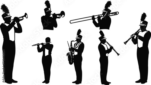 Marching band silhouettes with trumpet, trombone, flute, saxophone, clarinet, musicians in uniform, parade performance, musical ensemble illustration design artwork