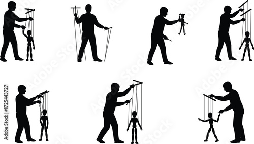 Marionette puppeteer silhouettes controlling strings, puppet manipulation poses, symbolic artwork of control, influence, power dynamics, theatrical performance illustration design