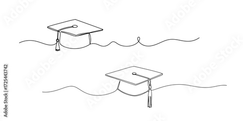 Two graduation caps with tassels on wavy lines mortarboard