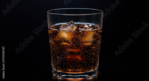 Refreshing cola drink with ice cubes in a glass on a black background