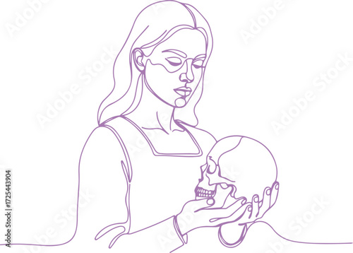 Isolated on white background, a continuous line drawing of a woman holding a skull, rendered in a delicate purple hue, evoking a sense of contemplation
