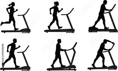 Treadmill silhouettes, fitness exercise, walking running, gym training, cardio workout, inclined treadmill, human posture, gesture study, health lifestyle