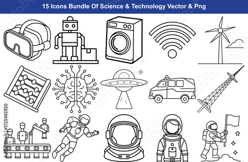 Science and technology icons bundle for digital projects and presentations high quality set isolated on transparent background