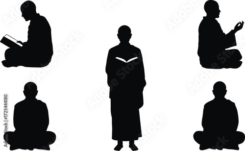 Meditation silhouette illustration with monk reading book, prayer gesture, spiritual practice, seated yoga posture, mindfulness, religious study artwork design