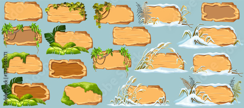 Cartoon game panels with swamp moss, forest lichen, liana branches, jungle leaves, ivy. Marsh reed under snow. Swamp cattails, fern winter. Broken weed and snowdrifts. Vector signboards, frames.