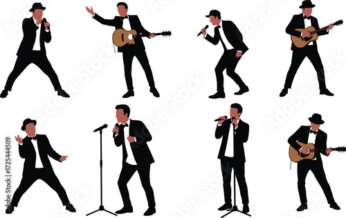Musician silhouettes performing with guitars and microphones, formal attire, concert stage show, singing and playing, dynamic band performance illustration design