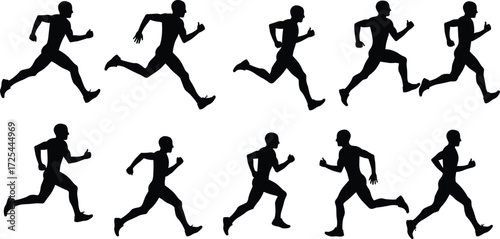 Running silhouette sequence showing athlete stride cycle, sports training, biomechanics motion, fitness exercise, human locomotion, dynamic posture illustration design artwork