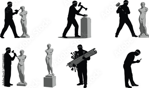Sculptor silhouette illustration working on statue, hammer and chisel, stone carving process, artistic craftsmanship, creative artwork, classical sculpture design
