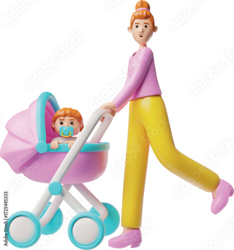 A 3D woman in yellow pants and a pink sweater walking with a baby in a stroller.