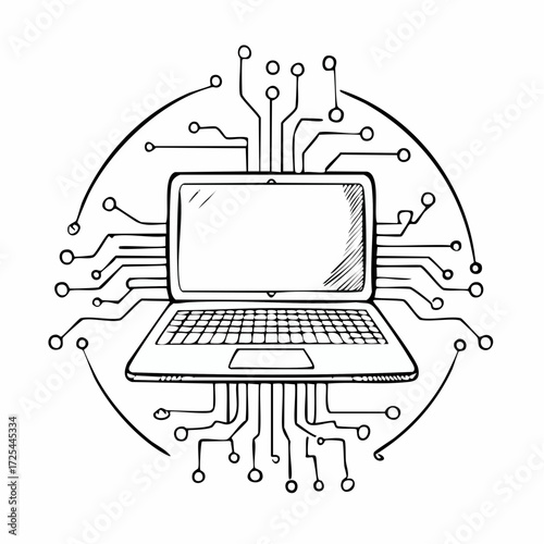 Digital Age Convergence A Hand-Drawn Illustration of a Laptop Integrated with a Circuit Board