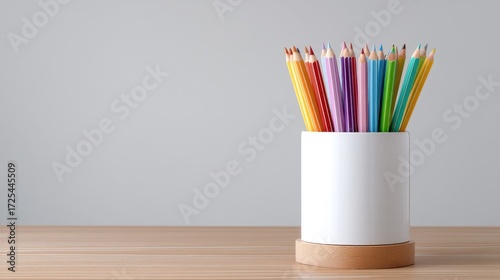 Colorful Pencils in a Simple White Holder on a Light Wooden Table with a Minimalist Gray Background