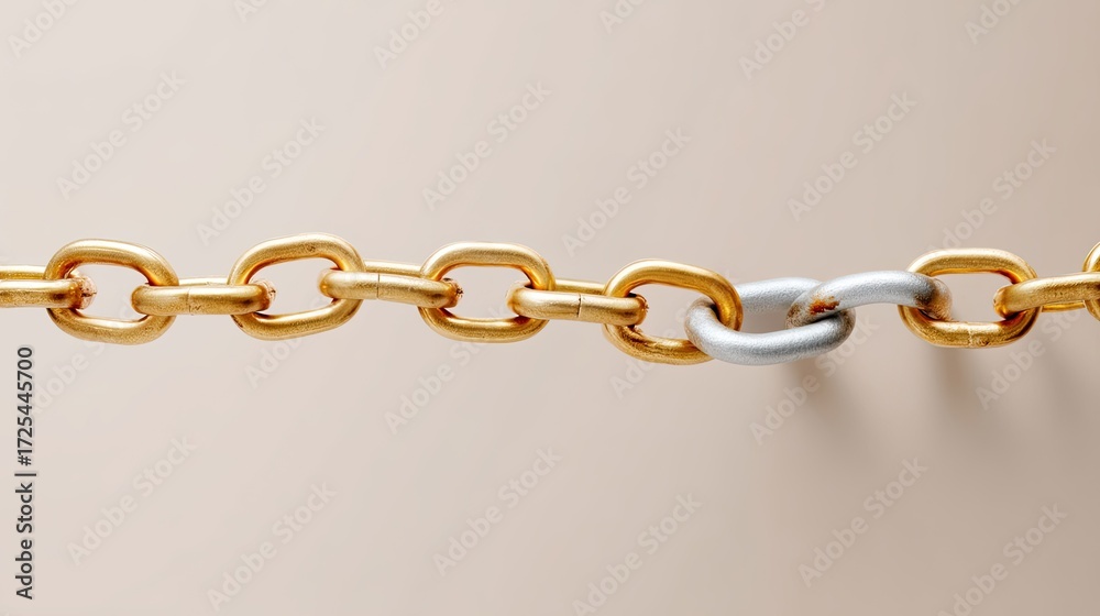Obraz premium Interconnected Chain Links Displaying Unity with One Distinct Silver Link Against a Soft Beige Background