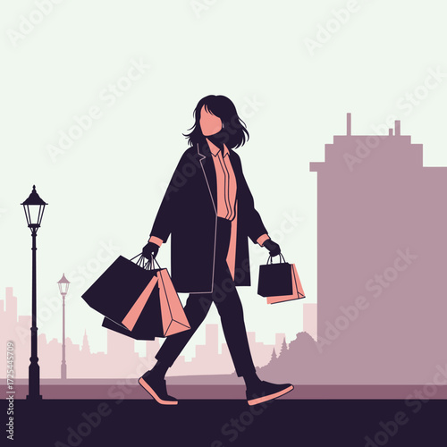 Stylish woman confidently strolling with shopping bags in modern city setting, embodying luxury retail therapy and urban consumerism trends
